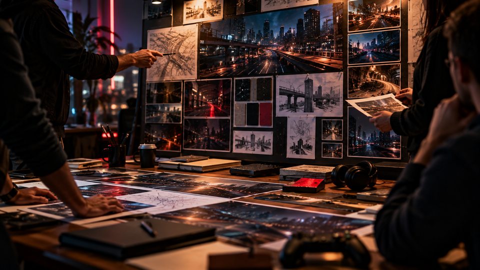 Koncepcyjna sesja współpracy przy moodboardzie nocnego miasta, materiałach i szkicach